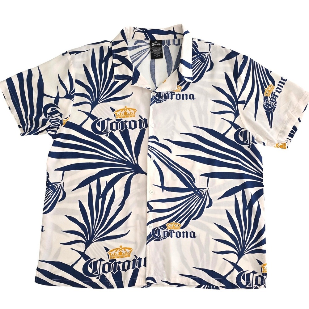 Corona Extra Mens XXL White Blue Palm Leaf Rayon Button Up Hawaiian Shirt Beach‎